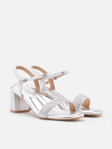 PAZZION, Kit Metallic Woven Strap Sandal Heels, Silver
